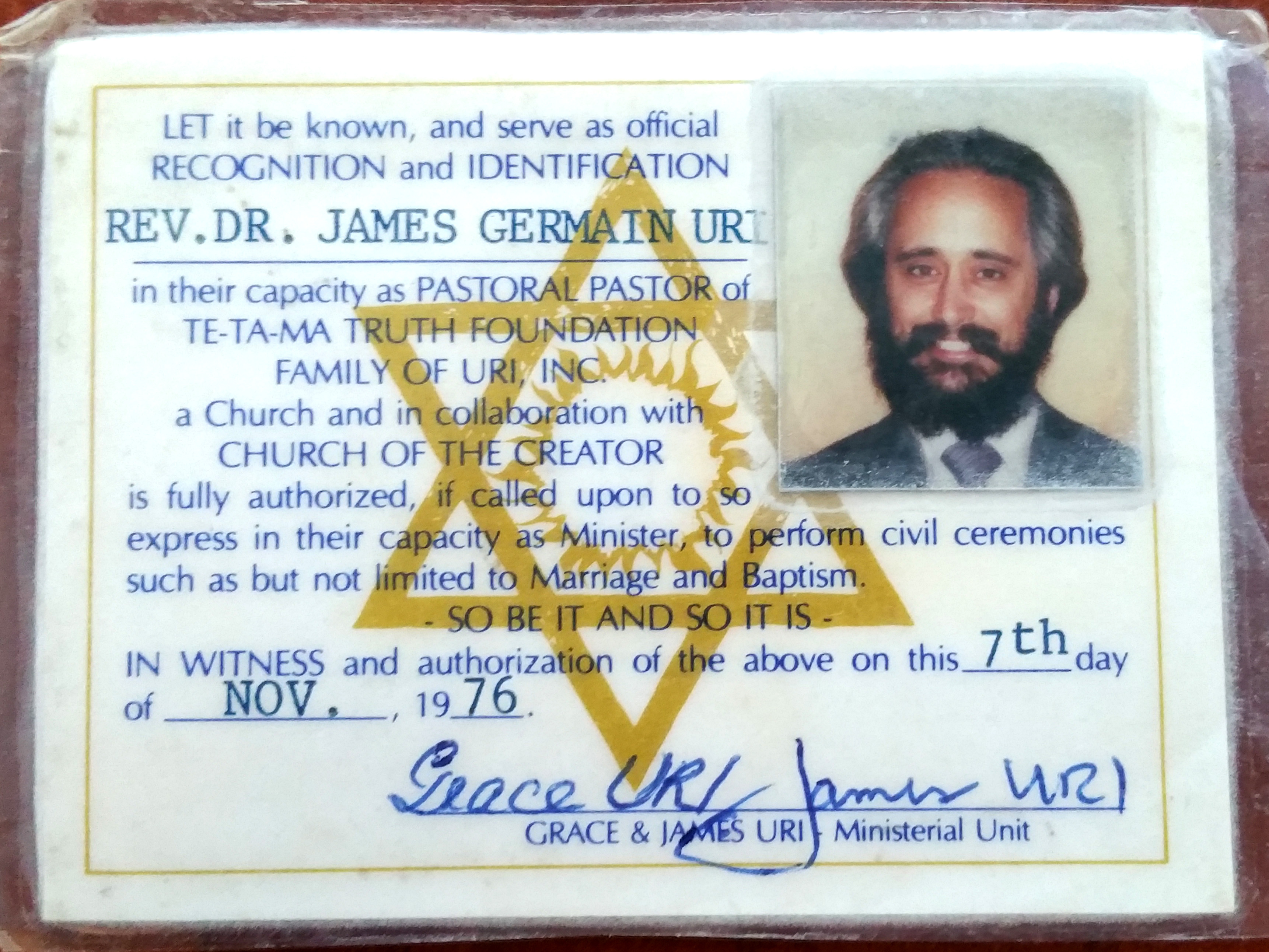 Rev Dr James Germin URI Pastoral Pastor ID Card TE TA MA Truth Foundation 20190429
